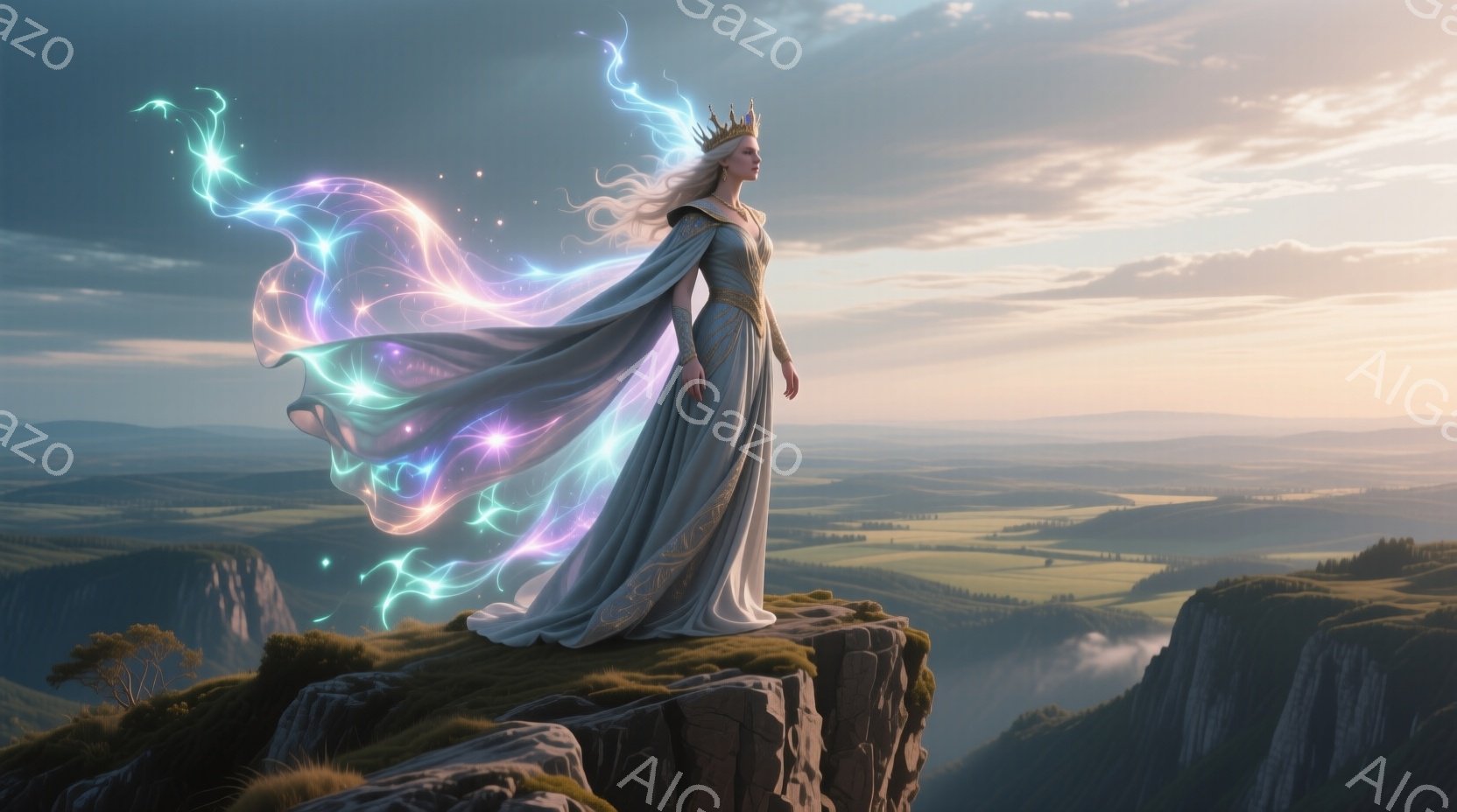 白髪で長くウェーブのかかった髪をした女性が、岩の上の高い崖の上に立っている。彼女は光沢のある灰色のガウンを着ており、肩から腕にかけては金色の装飾が施されている。背景には、霧に包まれた山々と緑豊かな平野が広がり、空には朝焼けの光が差し込み、神秘的で幻想的な雰囲気を醸し出している。