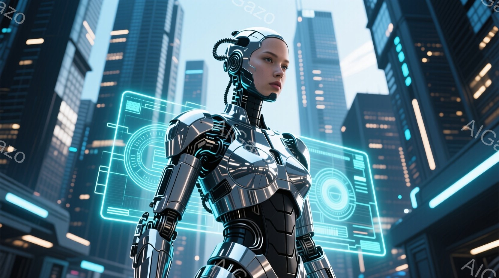未来都市を背景に、銀色のロボット女性が立っている。彼女は複雑なメカニカルなボディスーツを身に着け、頭には技術的なヘッドセットが装着されている。表情は冷静で、未来的な都市の風景を背景に、テクノロジーと人間の融合を感じさせる。