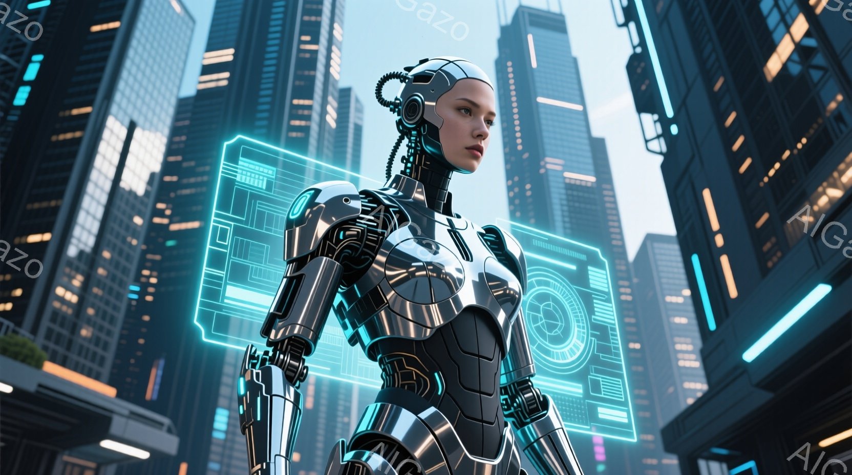 未来都市を背景に、銀色のロボット女性が立っている。彼女は複雑なメカニカルなボディスーツを身に着け、頭部には配線が露出したデザインが施されている。背景には高層ビル群が立ち並び、青い光のラインが都市の未来的な雰囲気を強調している。