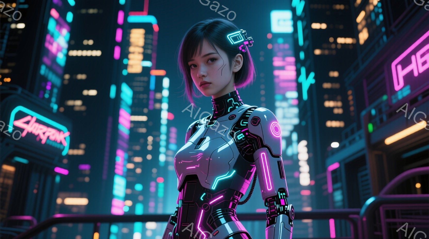 この女性は、未来的な白いサイバーパンク風のスーツを着ており、複雑な配線と発光するネオンラインが特徴です。彼女は紫色の短い髪で、わずかにしかめっ面をしており、自信と少しの警戒心を表しています。背景には、 - AI生成フリー素材