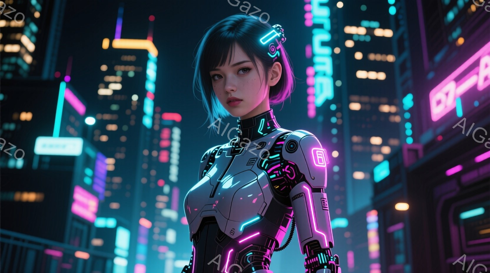 未来的なサイバーパンク都市を背景に、白とピンクのラインが光る、緻密なメカニカルスーツを身につけた女性が描かれている。彼女は黒髪を肩まで伸ばし、前髪は目にかかる程度に整えられ、表情はやや冷たく、鋭い眼差 - AI生成フリー素材