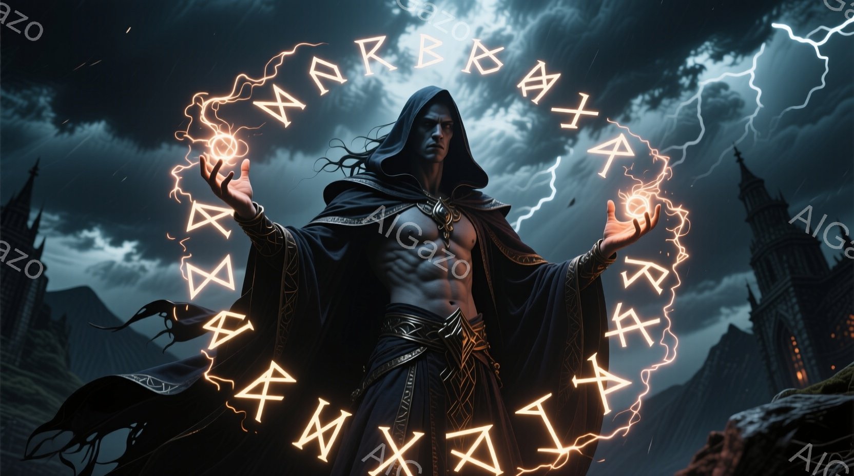 強靭な肉体を持つ男が、黒いフード付きマントを羽織り、両手を広げて魔法のような赤いルーン文字の輪を操っている。険しい表情で、力強い眼差しはどこか遠くを見つめているようだ。背景には、暗い雲に覆われた山々と、シルエットで描かれた城のような建物が広がり、不穏な空気が漂っている。