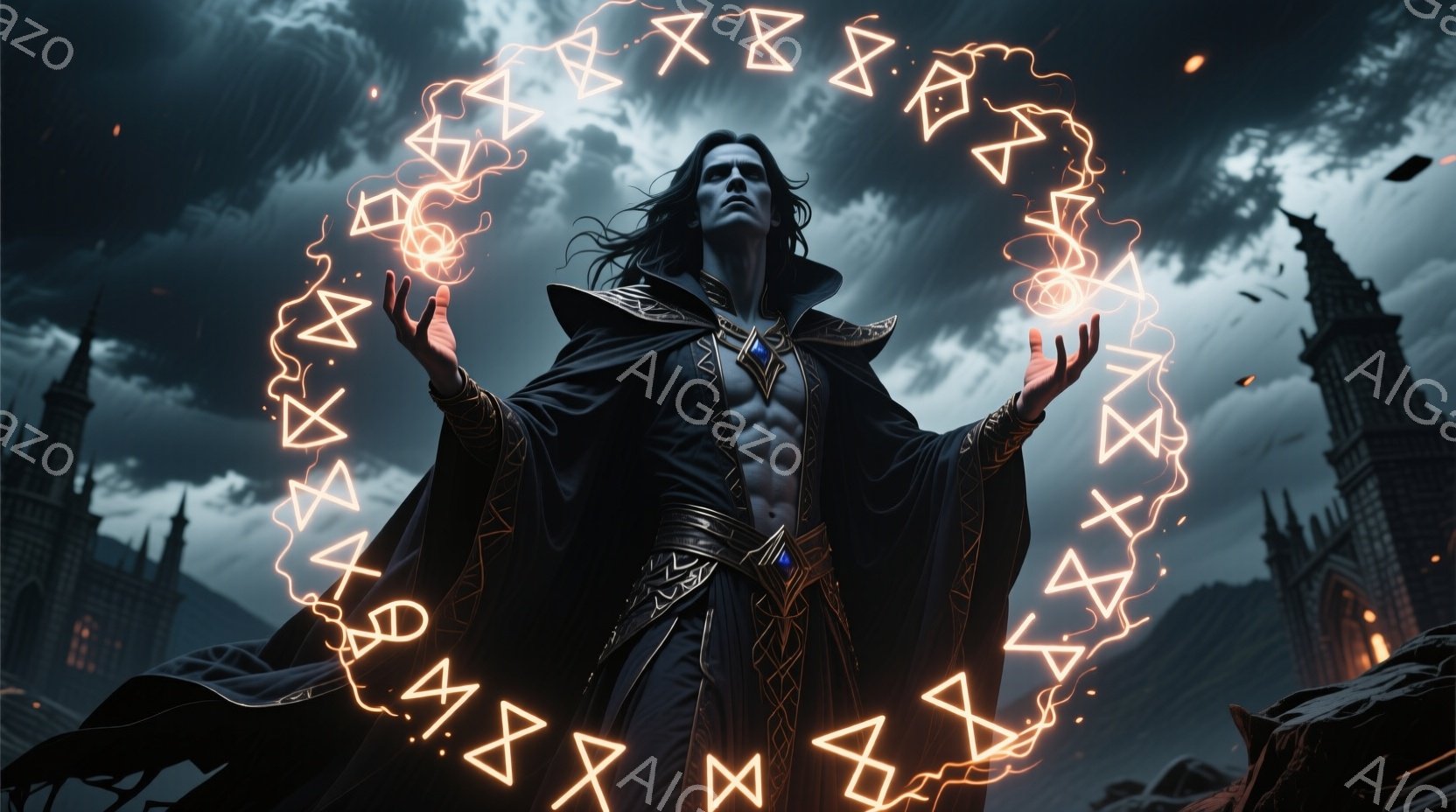 長い黒髪をなびかせた男が、黒いローブ姿で両手を広げて立っている。彼の周りには、燃えるような赤いルーン文字でできた円が浮かび、背景にはゴシック様式の建物と暗く荒れた空が広がっている。全体として、神秘的で不気味な雰囲気を醸し出している。