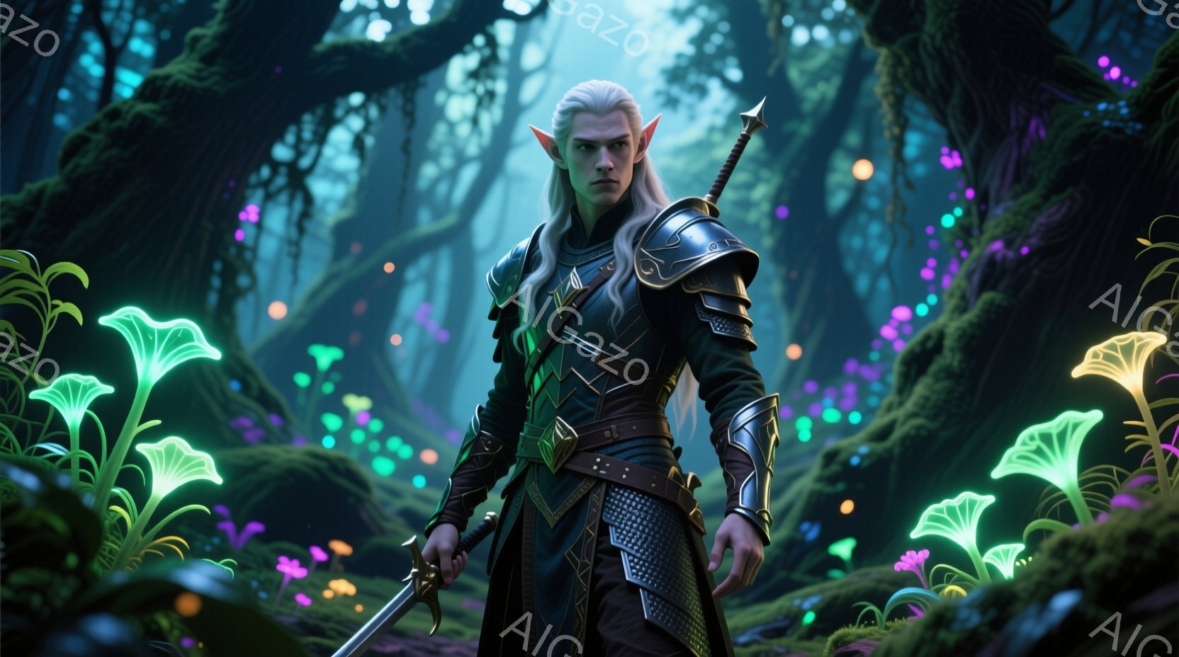 未来的な宮殿のような空間に、銀色のロボットの身体と人間の顔を持つ女性が立っている。彼女は鮮やかな虹色のドレスと、宝石の付いたティアラを身につけ、表情はやや冷たく、自信に満ち溢れている。背景には金色の柱 - AI生成フリー素材