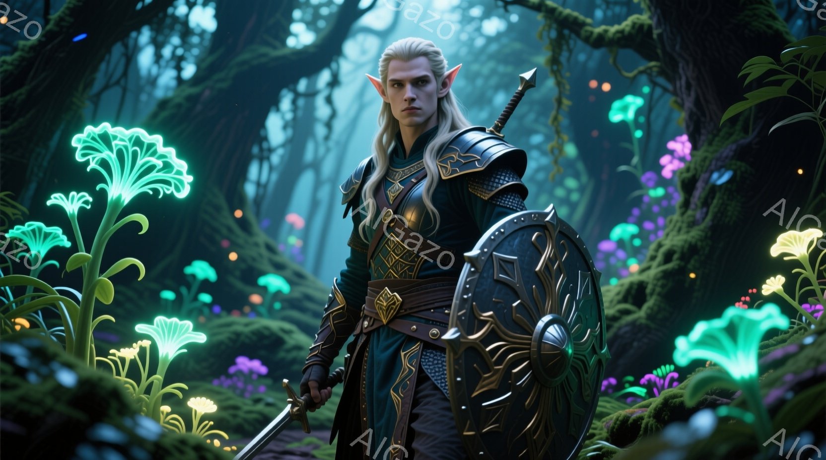 長い金髪を無造作に垂らし、緑と黒の鎧を身に着けた男性が描かれている。彼は片手に剣を持ち、もう片手に装飾的な円盾を構え、険しい表情でこちらを見つめている。背景には、発光するキノコが生い茂る暗い森が広がり - AI生成フリー素材