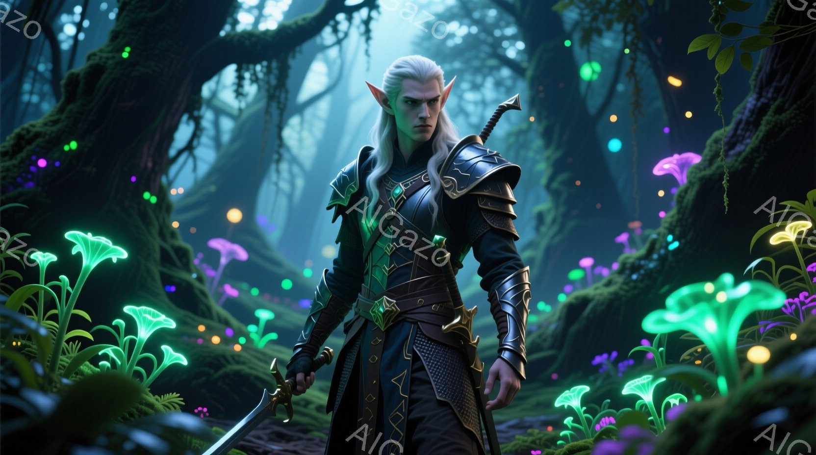 長い白髪を後ろで束ねた男性が、黒と金色の装飾が施された鎧を身に着けて立っている。彼は剣を手に持ち、険しい表情でこちらを見つめている。背景には、発光するキノコが生い茂る神秘的な森が広がり、薄暗く幻想的な - AI生成フリー素材