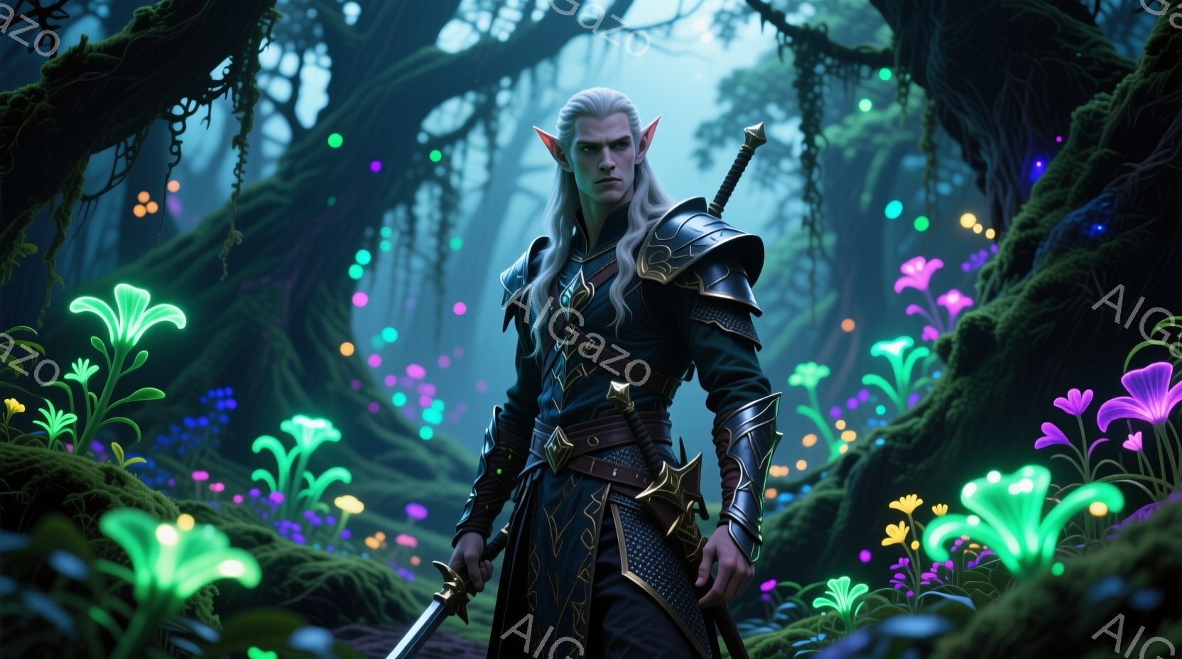 白髪の男性は、黒と金の装飾が施された精巧な鎧と革の服を身につけ、手には光る剣を握っています。彼の表情は真剣で、険しい顔つきは決意を物語っています。背景は鬱蒼とした森で、様々な色の発光キノコが幻想的な光 - AI生成フリー素材