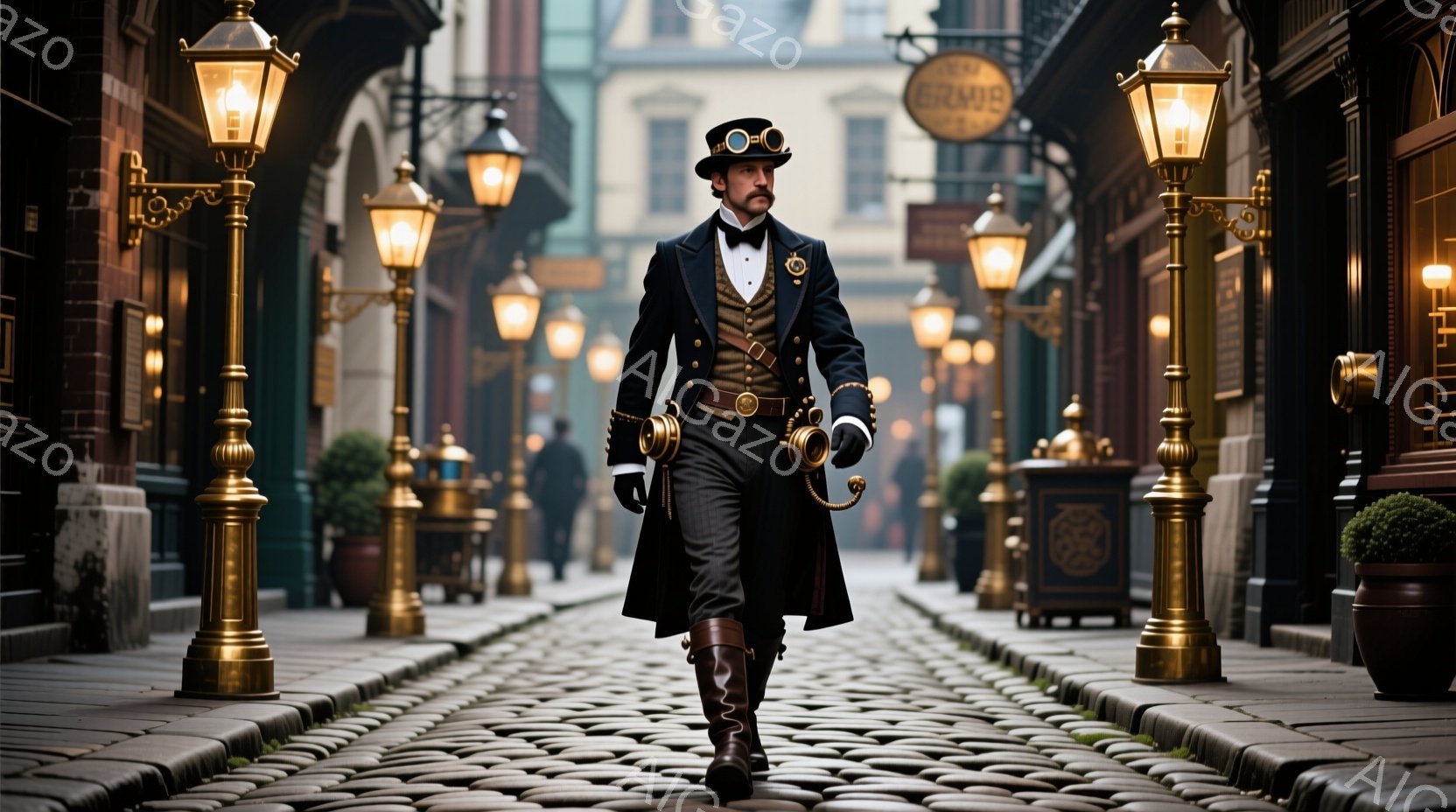 煉瓦造りの道を進む男性は、蒸気パンク風の衣装を身に着けており、黒いロングコート、ベスト、そして特徴的なゴーグルを頭に乗せています。彼の表情は自信に満ちており、姿勢は堂々としています。背景には石造りの建 - AI生成フリー素材