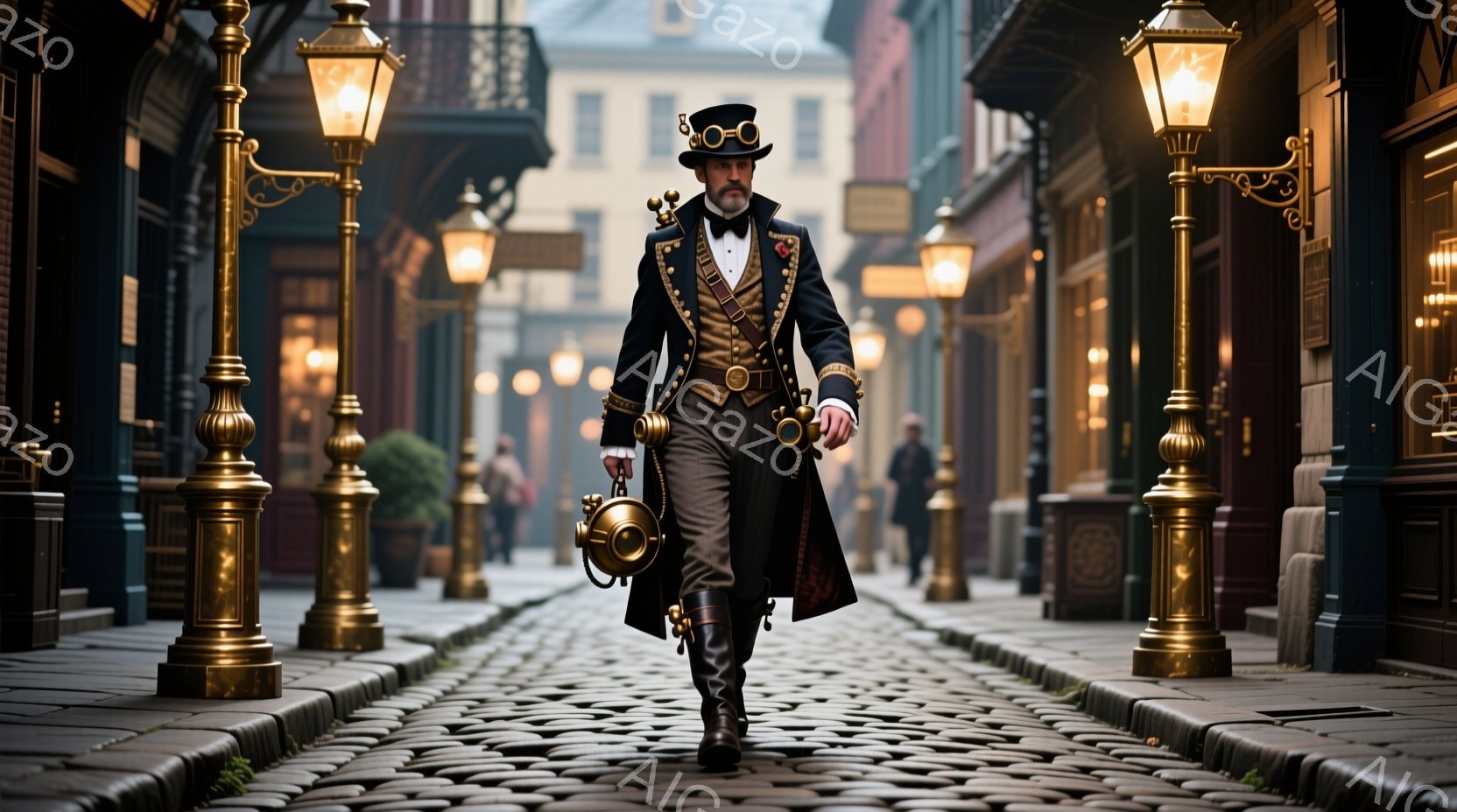 煉瓦造りの石畳の道を行く男性が写っている。彼は、黒いコート、ベスト、そして装飾的な金ボタンが特徴の衣装を身につけており、ゴーグルを頭に乗せている。背景には、歴史的な建物が立ち並び、ガス灯が並木道を照ら - AI生成フリー素材