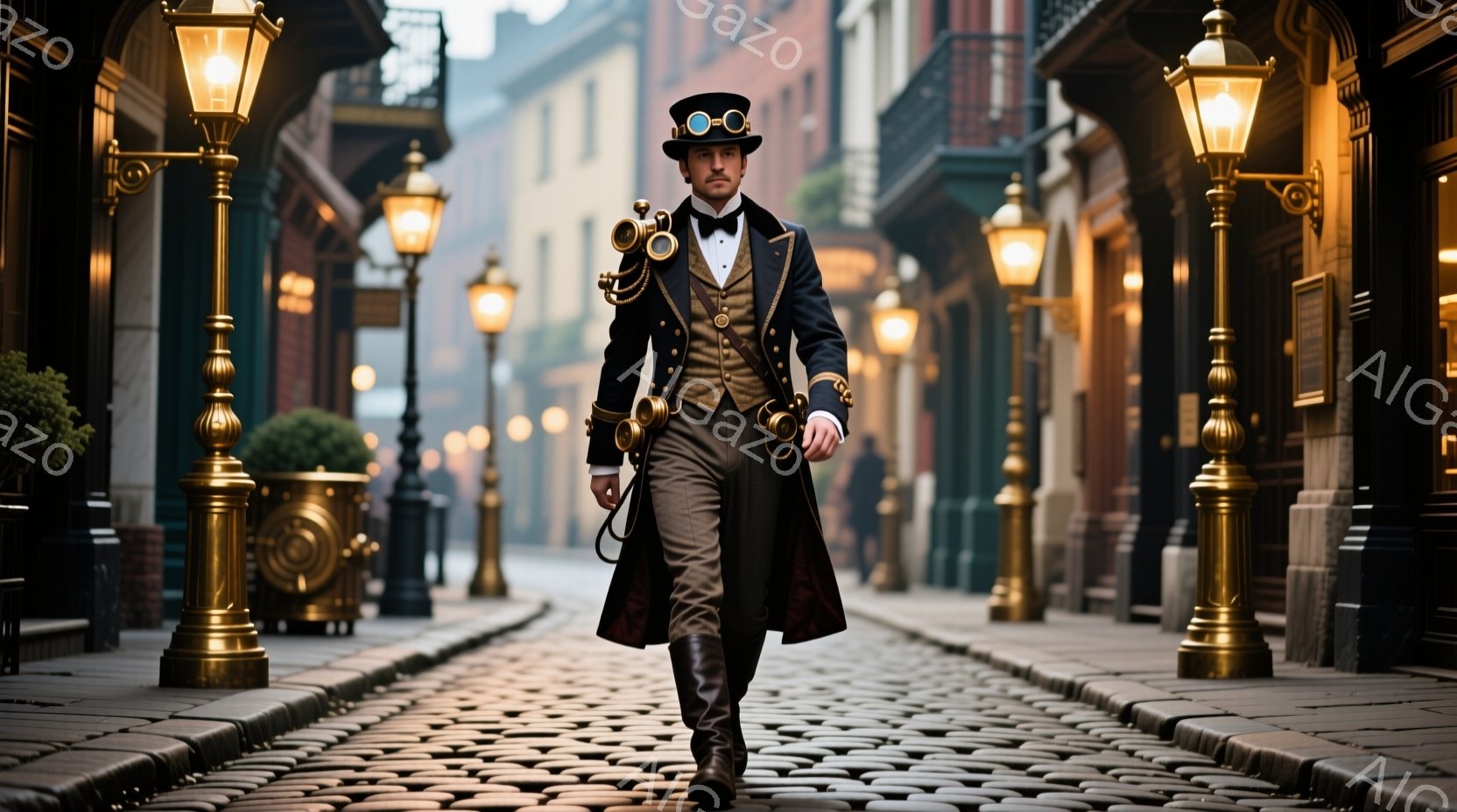 スチームパンク風の男性が、石畳の通りを堂々と歩いている。彼は黒いシルクハット、ゴーグル、濃い色のコート、ベスト、そして黒いブーツを身に着けており、懐中時計のようなアクセサリーをいくつか付けている。背景には、レンガ造りの建物が並び、ガス灯が灯っており、霧がかった薄暗い雰囲気の中で、19世紀のヨーロッパのような時代を感じさせる。
