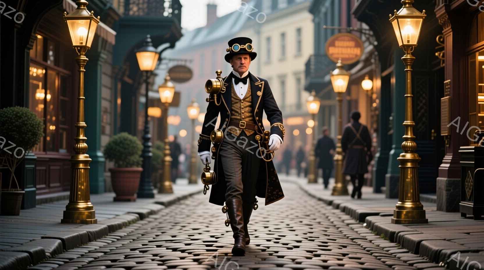石畳の通りを、蒸気パンク風の服装をした男性が堂々と歩いている。彼は黒いロングコート、ベスト、そしてゴーグルを頭に乗せた姿で、どこか自信に満ち溢れているように見える。背景には古いレンガ造りの建物が立ち並び、街灯が並び、全体的に歴史と未来が融合した独特の雰囲気を醸し出している。