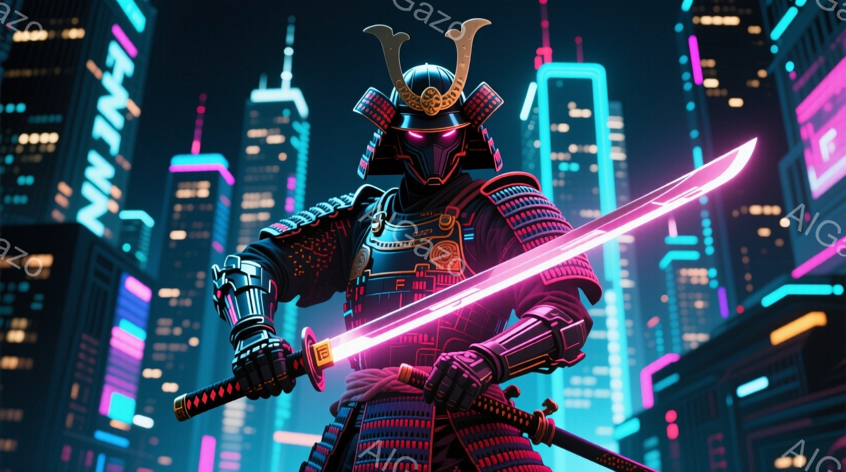 現代的な都市の風景を背景に、甲冑を身につけた武士が描かれている。鮮やかなピンク色の光を放つ刀を高く掲げ、決意に満ちた姿勢で立っている。背景にはネオン輝く高層ビル群がそびえ立ち、未来的な雰囲気を醸し出し - AI生成フリー素材