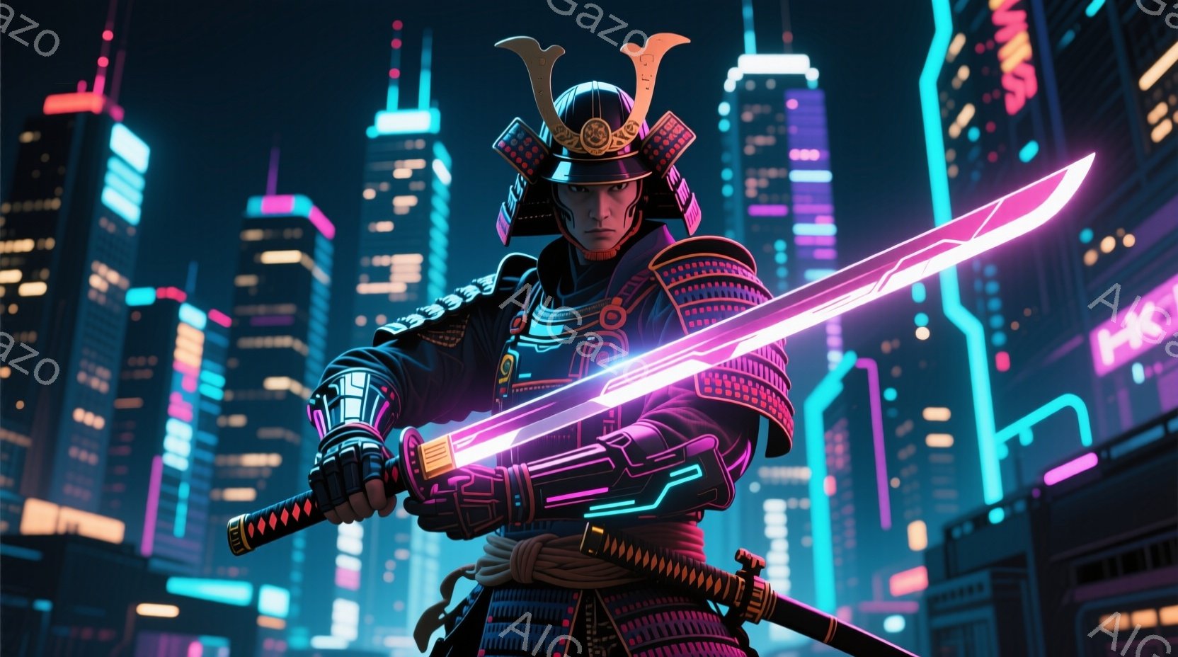 鎧を身に着けた武士が、紫色の光を放つ刀を構え、正面を見据えています。背景にはネオンライトが輝く近未来的な都市のスカイラインが広がり、夜の空に映えます。全体的に、力強く、未来的な雰囲気が漂っています。