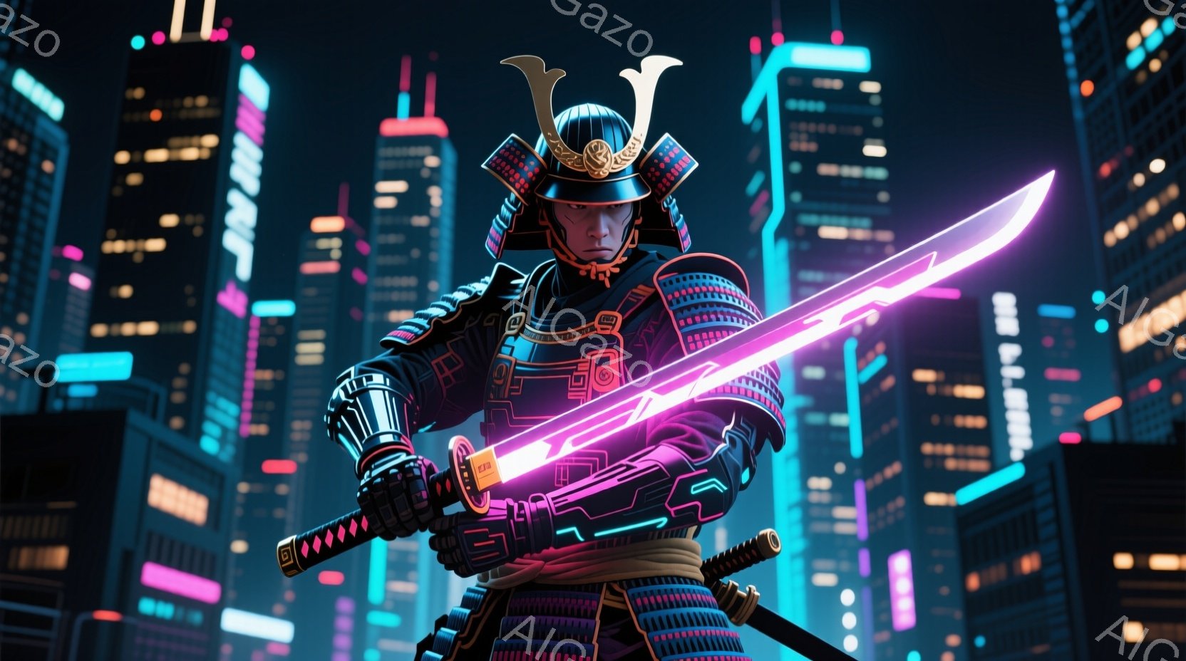現代的な都市の夜景を背景に、甲冑を身につけた武士が描かれている。紫色の光を放つ刀を構え、鋭い眼光で正面を見据えている。背景にはネオン輝く高層ビル群が立ち並び、未来的な雰囲気と伝統的な武士の姿が対比されている。