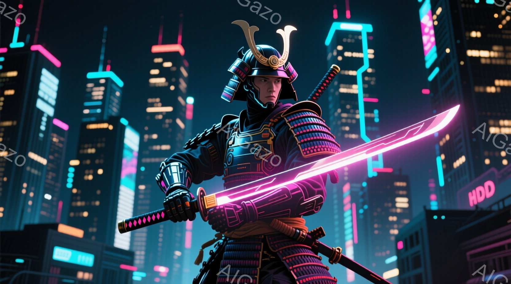 鎧を身に着けた武士が、紫色の光を放つ刀を構えている。背景には、ネオンライトが輝く高層ビル群が立ち並び、サイバーパンクのような未来都市の雰囲気を醸し出している。武士は険しい表情で正面を見据え、決意に満ちた強い意志を感じさせる。