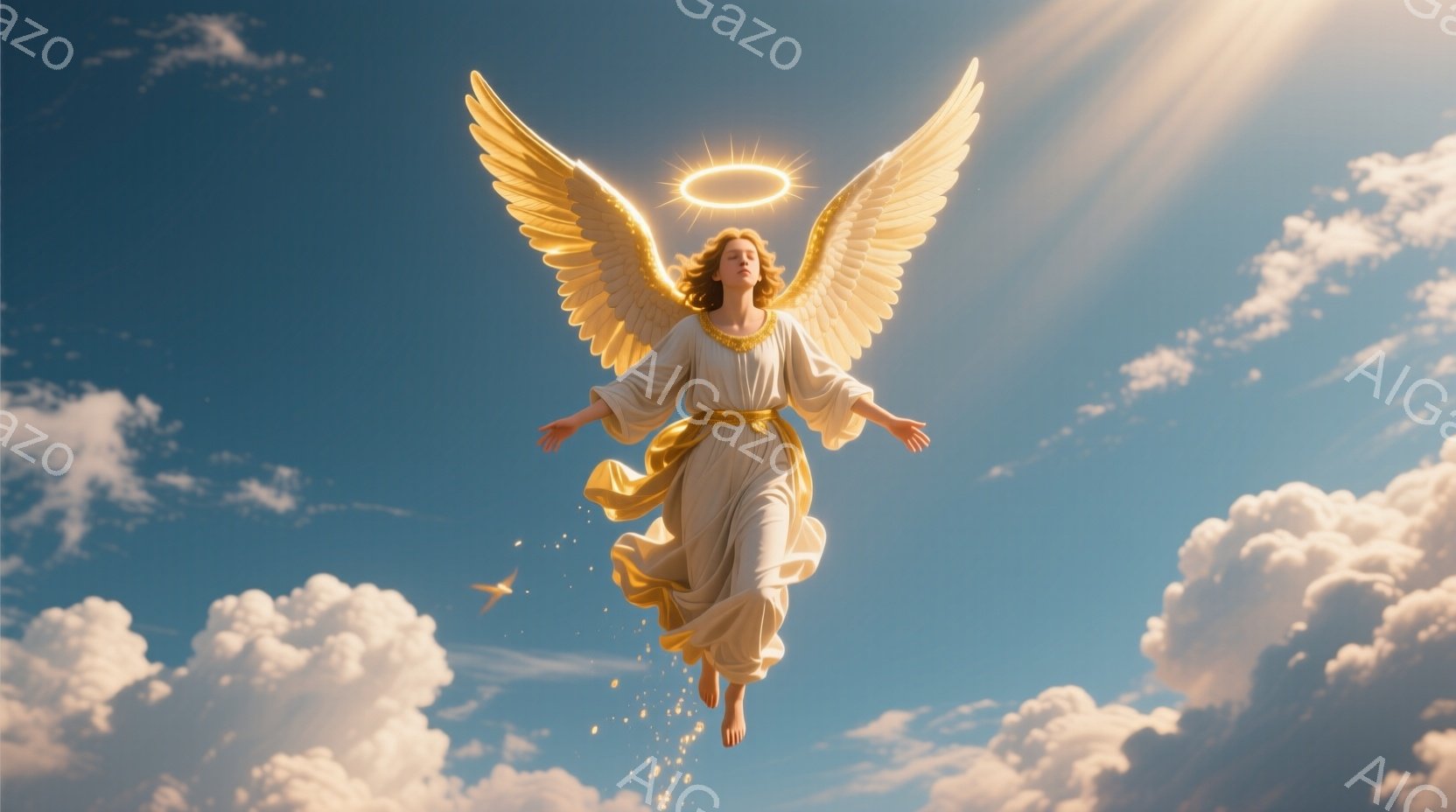 金色の光輪を頭に戴き、白くゆったりとしたガウンを身につけた女性が、広げた金色の翼と共に空を舞っている。彼女は穏やかな表情で両手を広げ、足元からはきらめく光の粒子が散らばっている。背景には青空とふわふわ - AI生成フリー素材