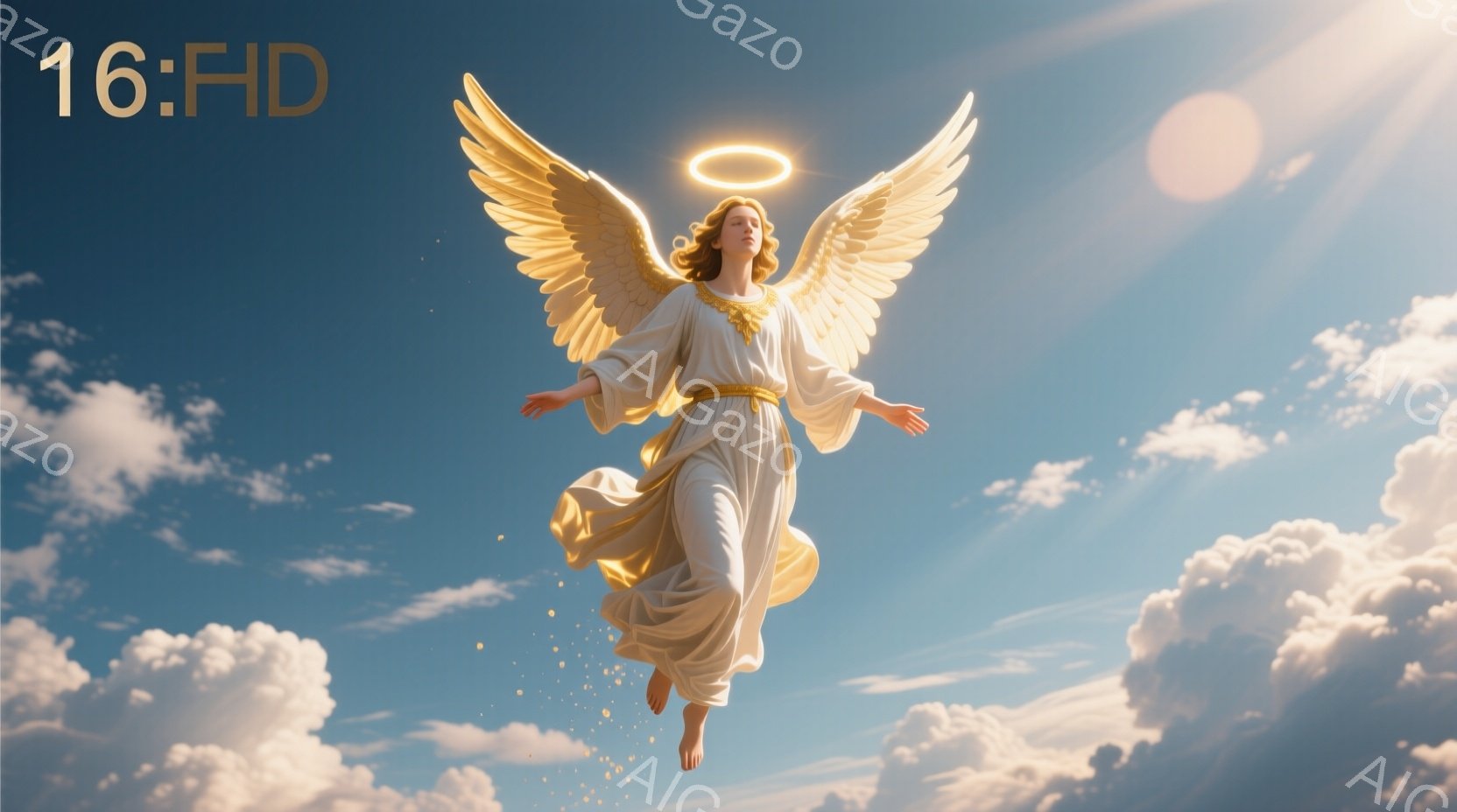 金色の髪を持つ女性が、翼を広げ、雲の中に浮かんでいる。白いローブと金色の帯を身につけ、顔には穏やかな表情が浮かんでいる。背景には青空と白い雲が広がり、全体的に神聖で幻想的な雰囲気を醸し出している。 - AI生成フリー素材