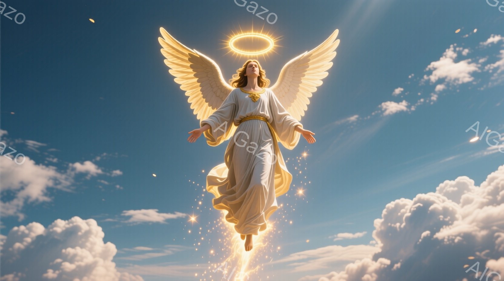 天使が雲の上に浮かんでおり、純白の長いドレスと金色の帯で身を包んでいます。彼女は金色の巻き毛で、穏やかな表情で両腕を広げ、頭上には金色の光輪が輝いています。背景には青空とふわふわとした白い雲が広がり、彼女の周囲にはキラキラとした光の粒子が舞い、神聖で穏やかな雰囲気を醸し出しています。