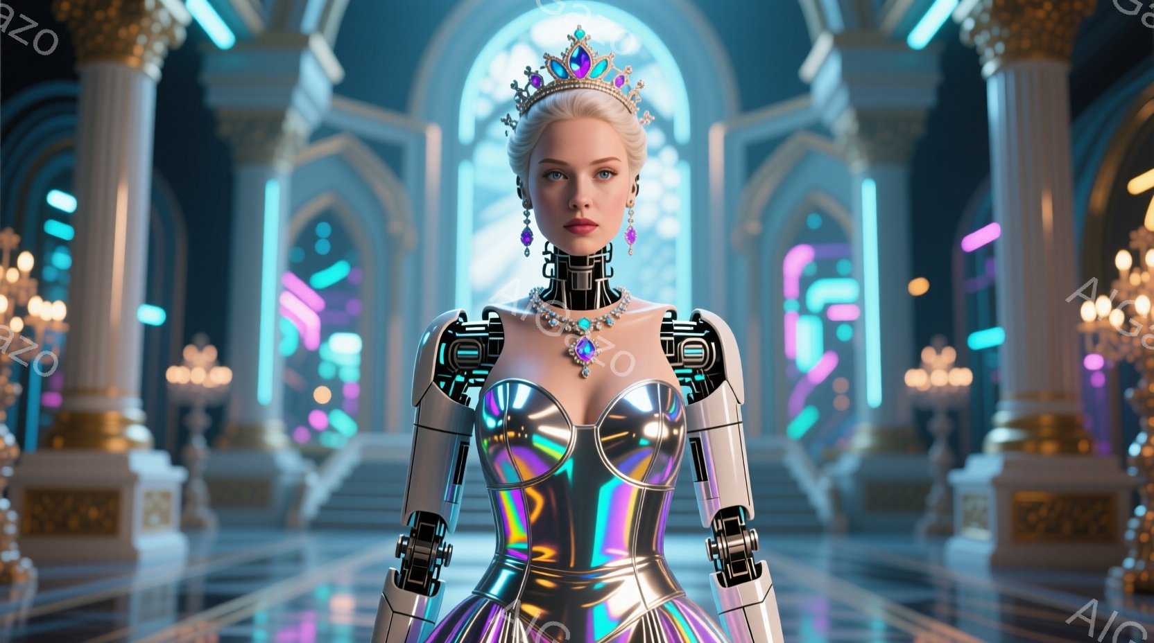 鮮やかな光沢のあるメタリックなガウンと、複雑な機械的な腕を持つ女性が写っている。彼女はプラチナブロンドの巻き髪とし、赤い口紅と強い視線で、自信に満ちた表情を浮かべている。背景は、豪華な柱や階段が連なる - AI生成フリー素材