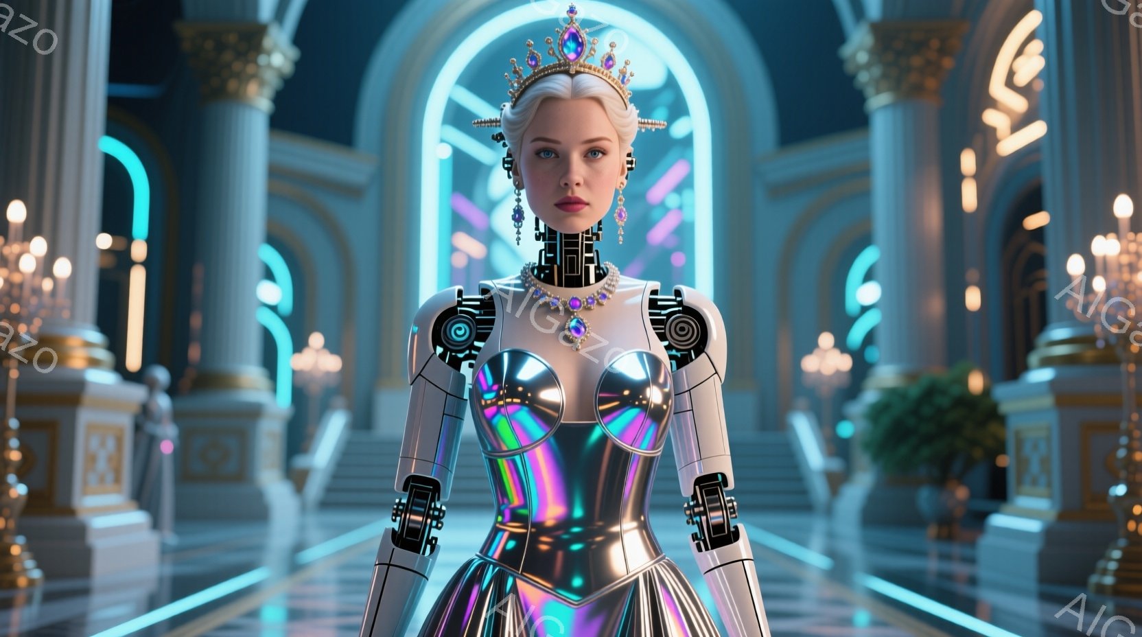この女性は、未来的な金属製のコルセットとスカートを身に着け、鮮やかな虹色の光沢を放っています。彼女は金髪の髪を高くまとめ上げ、宝石のティアラを付けており、表情は厳かで自信に満ちています。背景には、豪華 - AI生成フリー素材