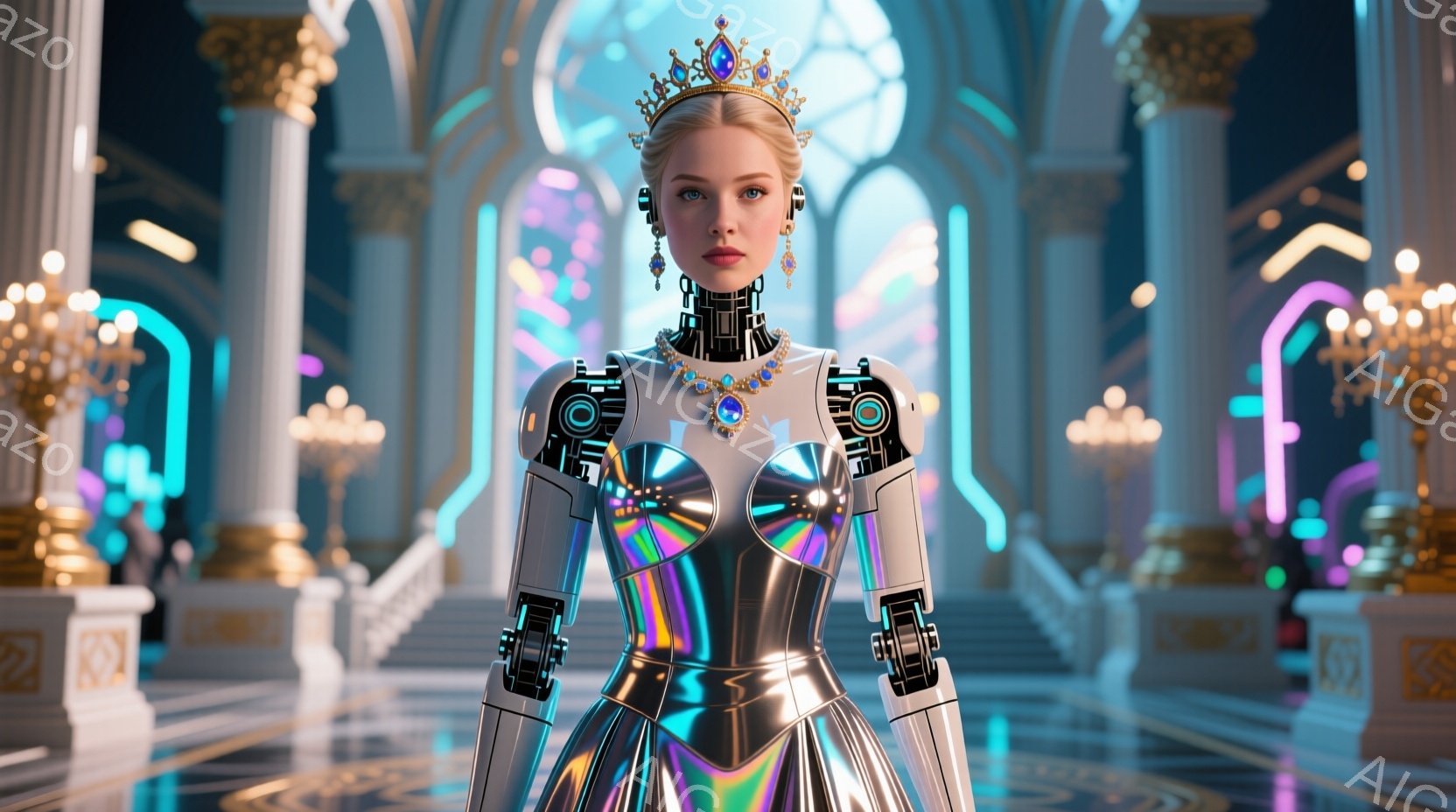 鮮やかなライティングの宮殿の中で、ロボットの要素と豪華なドレスが組み合わさった女性が立っている。彼女は銀色の金属製のボディと、きらびやかな虹色のスカートを身に着け、首には宝石が飾られたネックレス、頭にはティアラをつけている。表情は落ち着いており、未来的な美しさと古典的な気品が融合した、幻想的な雰囲気を醸し出している。