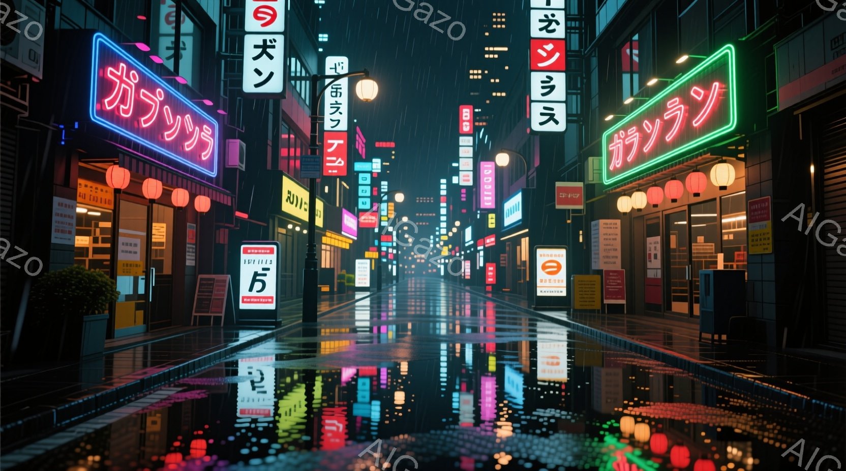 激しい雨が降る夜の日本の街並みが描かれています。ネオンサインが濡れた路面に反射し、鮮やかな光の帯を作り出しています。高層ビルと小さな店舗が密集し、都会の喧騒と同時に、どこか寂しげな雰囲気を漂わせています。