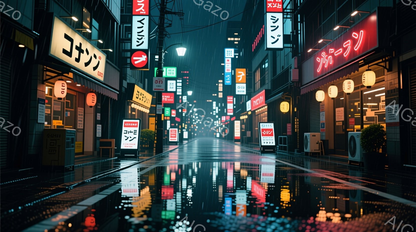 雨の夜の日本の都市の通りが描かれています。ネオンサインが濡れたアスファルトに反射し、鮮やかな色彩が広がっています。高層ビルが両側に立ち並び、その下には自動販売機や看板が点在し、活気と寂しさが入り混じった雰囲気を醸し出しています。