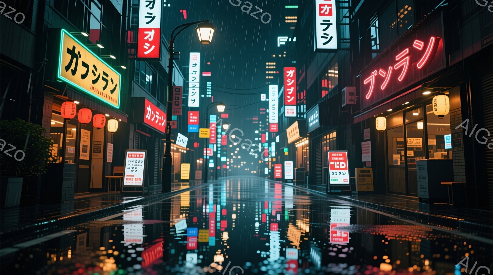 夜の都市の通りが雨に濡れて光り、ネオンサインが水面に反射している風景です。高層ビルが立ち並び、それぞれが異なる日本語の看板で飾られ、活気と神秘的な雰囲気を醸し出しています。雨の光景とネオンの色彩が組み - AI生成フリー素材