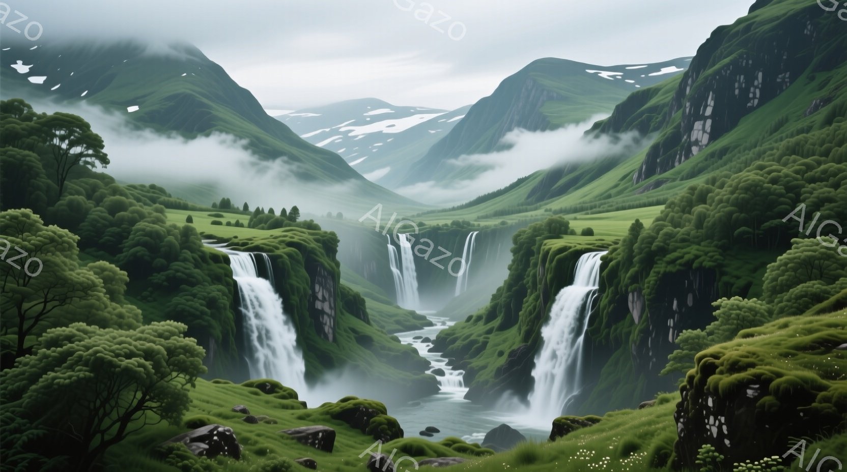 鬱蒼とした緑の山々に囲まれた渓谷には、幾つもの滝が流れ落ち、白い水しぶきが霧のように立ち込めている。谷底には蛇行する川が流れ、緑豊かな草地と岩が点在し、自然の息吹を感じさせる風景である。全体的に静かで - AI生成フリー素材