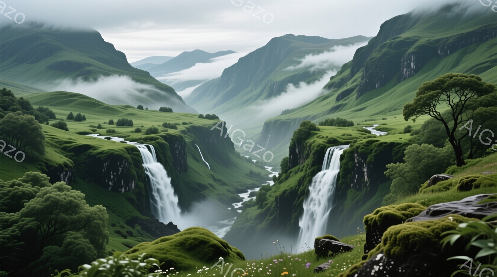鬱蒼とした緑色の山々に囲まれた渓谷が広がっており、そこには幾つもの滝が流れ込んでいる。霧が立ち込め、神秘的な雰囲気を醸し出しており、山の斜面には緑豊かな植生が広がっている。前景には、緑の苔に覆われた岩々と、色とりどりの野花が咲き誇り、自然の美しさを際立たせている。