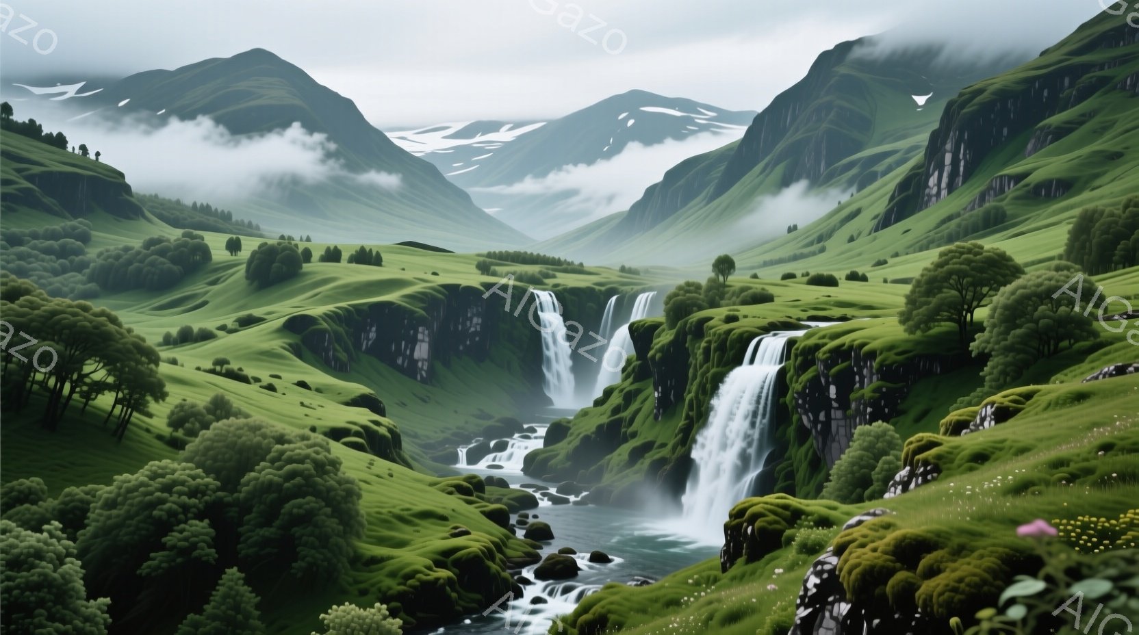 鮮やかな緑色の丘と断崖が連なる風景が広がり、複数の滝が白い流れとなって流れ落ちています。背景には霧に包まれた山々と雪を抱いた山頂が見え、穏やかで神秘的な雰囲気を醸し出しています。全体的に自然が豊かで、静寂と平和に満ちた場所を想起させます。