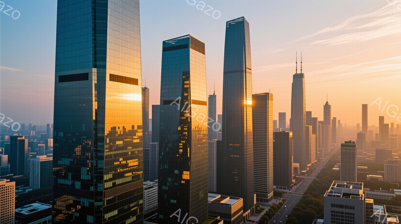 高層ビル群が夕焼けに照らされ、ガラス面がオレンジ色に輝いている。街並みは整然としており、道路もはっきりと見えるが、人物は見当たらない。全体的に、洗練された都会の風景が印象的で、静かで穏やかな雰囲気が漂っている。