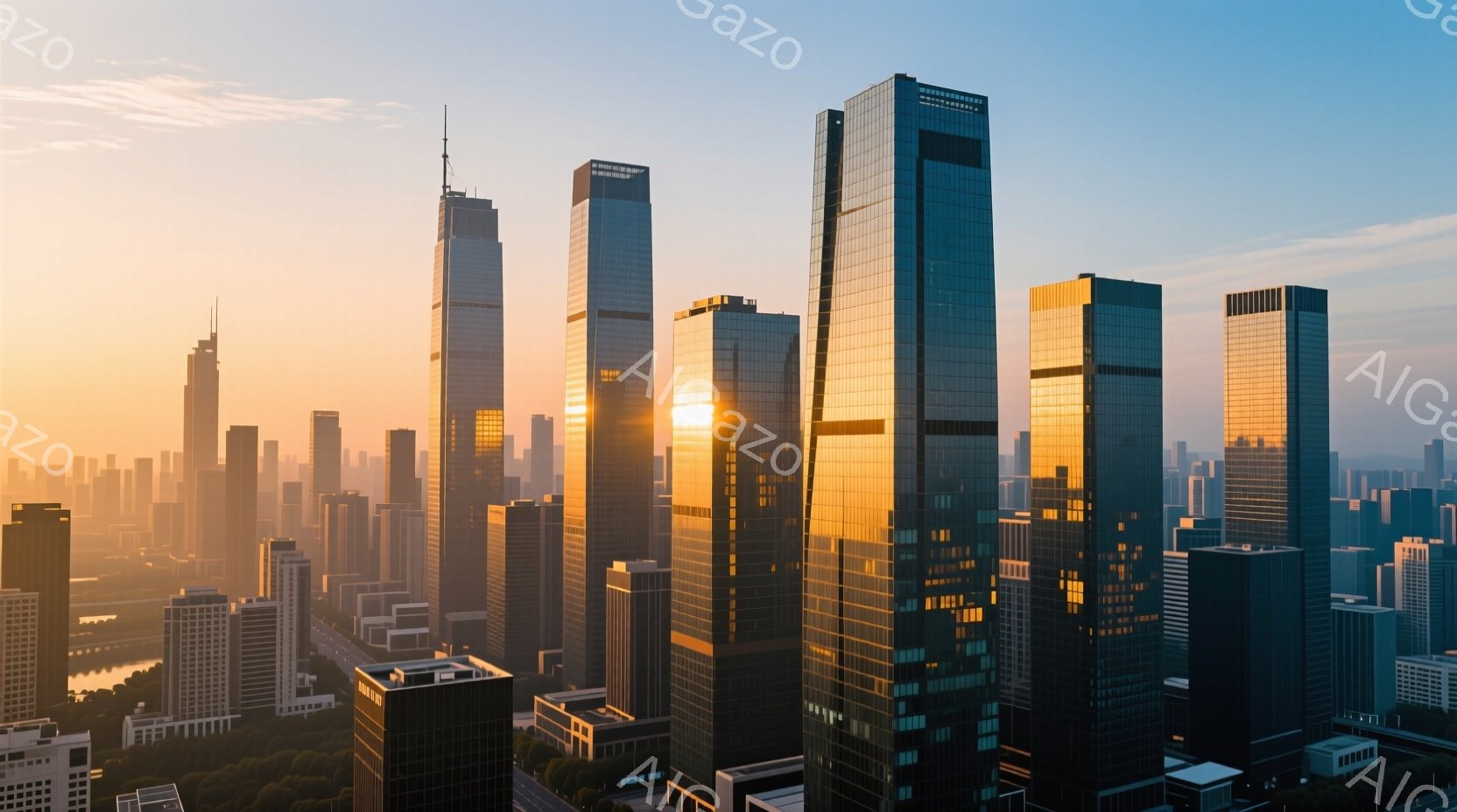 高層ビル群が夕焼けの光を浴びて輝いている。建物はガラス張りの近代的なデザインで、密集して並び、都市景観を形成している。背景には、薄い霧に包まれた川と、かすかに見える自然が広がり、壮大な都会の風景を作り出している。