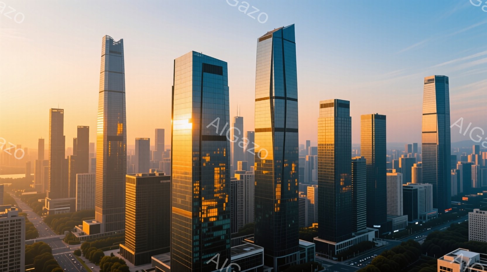 輝く夕日の光を浴びた近代的な高層ビル群が連なる都市景観です。建物はガラスと金属で構成され、夕日のオレンジ色と金色の光を反射して、壮大な光景を作り出しています。遠景には、かすかに山並みが望め、都市と自然 - AI生成フリー素材
