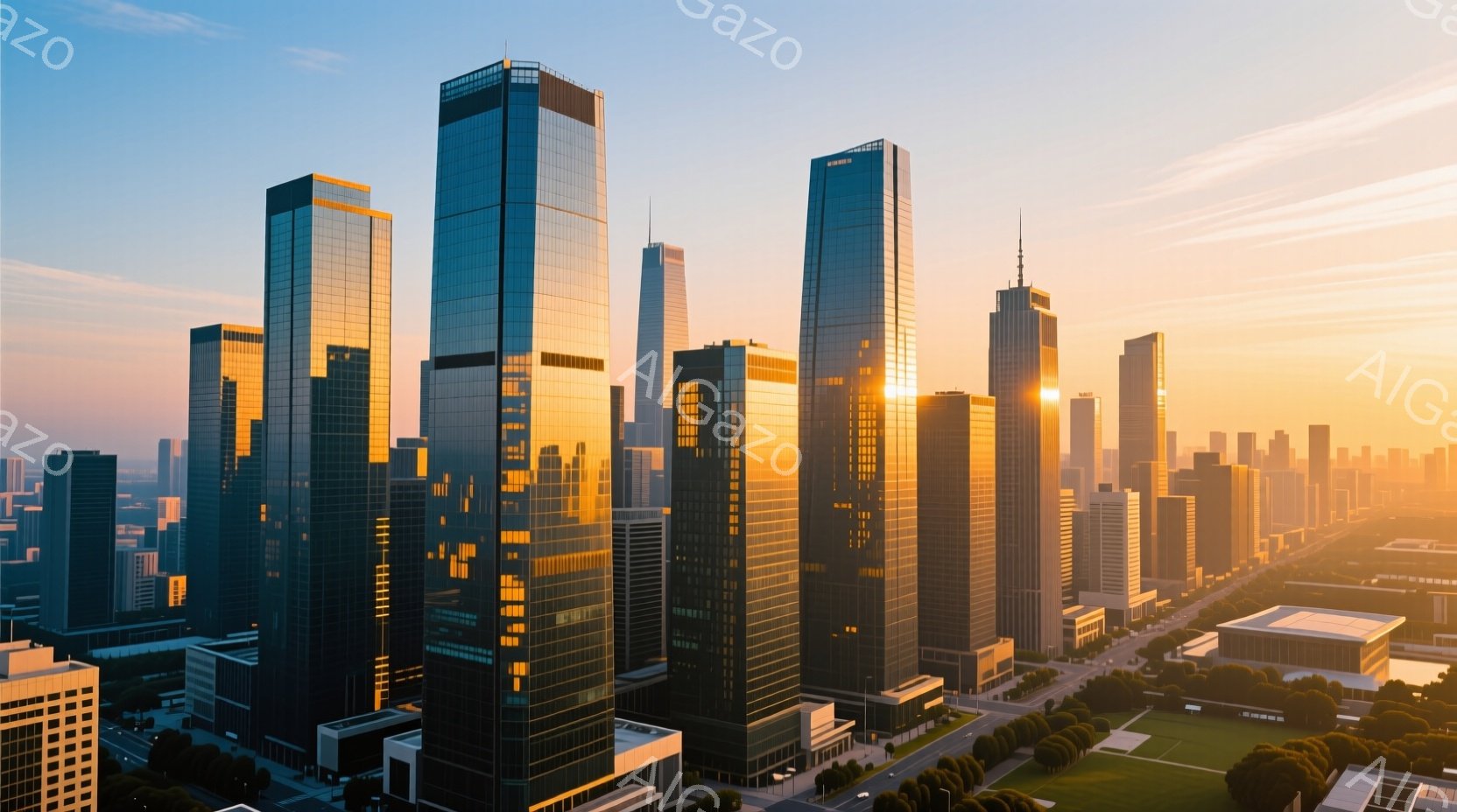 高層ビル群が夕日に照らされ、金色の輝きを放っている。高層ビルはモダンで洗練されたデザインであり、都市の活気と繁栄を象徴している。背景には緑地が見え、都市と自然が調和した美しい風景を作り出している。