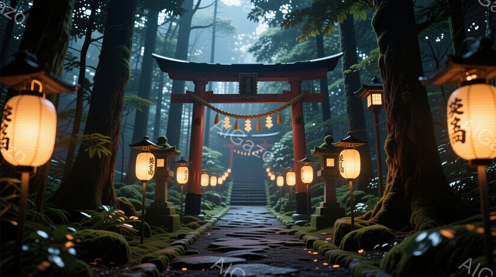 朱色の鳥居が立ち並び、石畳の道が奥へと続いています。両脇には灯籠が並び、苔むした石段と木々の緑が幻想的な雰囲気を醸し出しています。薄暗い森の中、朱色と緑のコントラストが目に優しく、静寂と神秘的な空間が - AI生成フリー素材