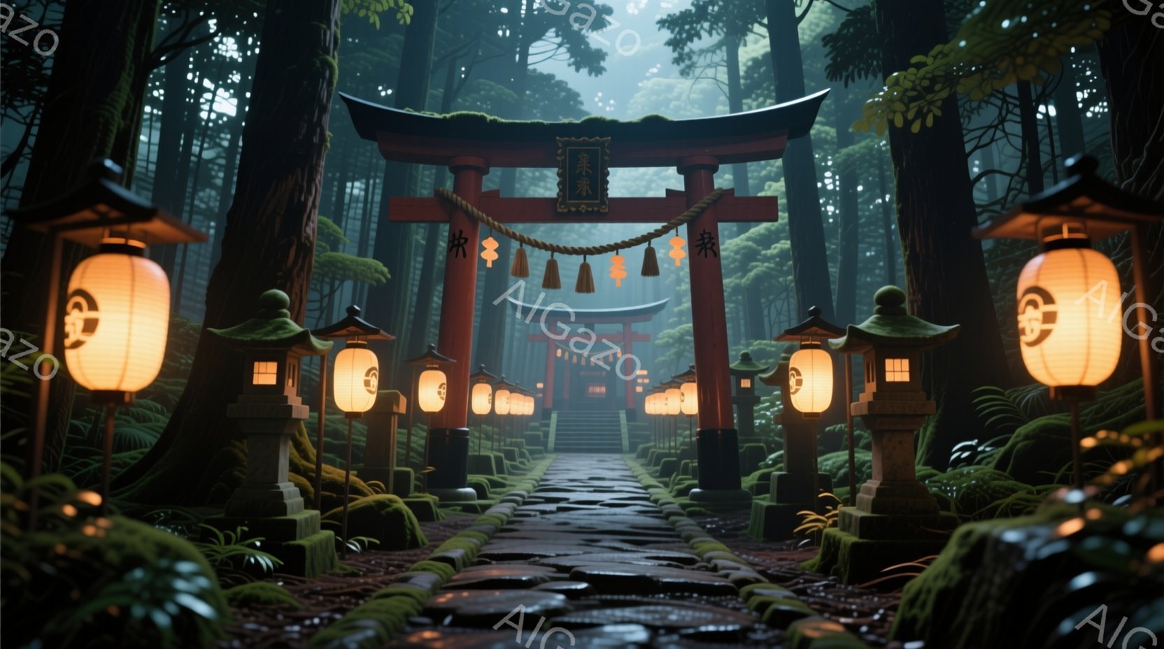 朱色の鳥居が並び、石畳の道が奥へと続いており、両脇には灯籠が設置されている。背景には鬱蒼とした緑の木々が生い茂り、霧がかかったような幻想的な雰囲気を醸し出している。全体的に静寂で神秘的な空間が表現され - AI生成フリー素材