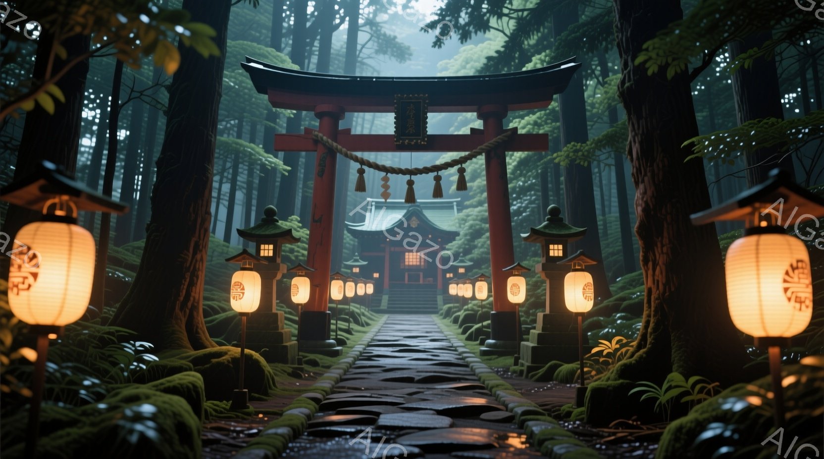 鬱蒼とした森の中に石畳の道が続き、朱色の鳥居と背景の神社へと続いています。両脇には灯籠が立ち並び、道端には緑豊かな苔が生い茂り、霧がかった湿った雰囲気が漂っています。 神社の屋根は瓦で覆われ、厳かな雰囲気を醸し出しています。