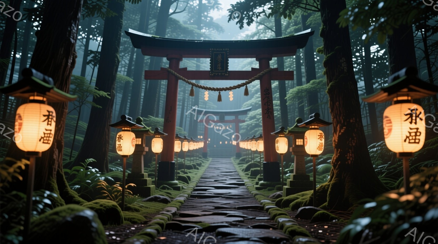 朱色の鳥居が並ぶ参道は、苔むした石段と両脇の木々によって神秘的な雰囲気を醸し出しています。薄暗い森の中、提灯の灯りが道を照らし、霧が立ち込める中で幻想的な光景が広がっています。全体的に静寂で穏やかな、どこか懐かしい雰囲気を感じさせます。