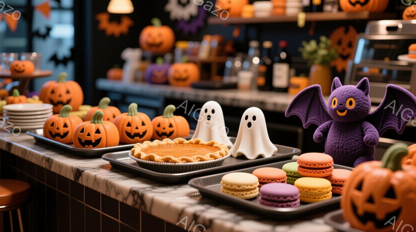 ハロウィーンをテーマにした焼き菓子の盛り合わせがカウンターに並んでいます。オレンジ色のジャック・オー・ランタン型の焼き菓子、白いお化けの形をしたシュークリーム、そして紫色のコウモリの形をしたマカロンが - AI生成フリー素材