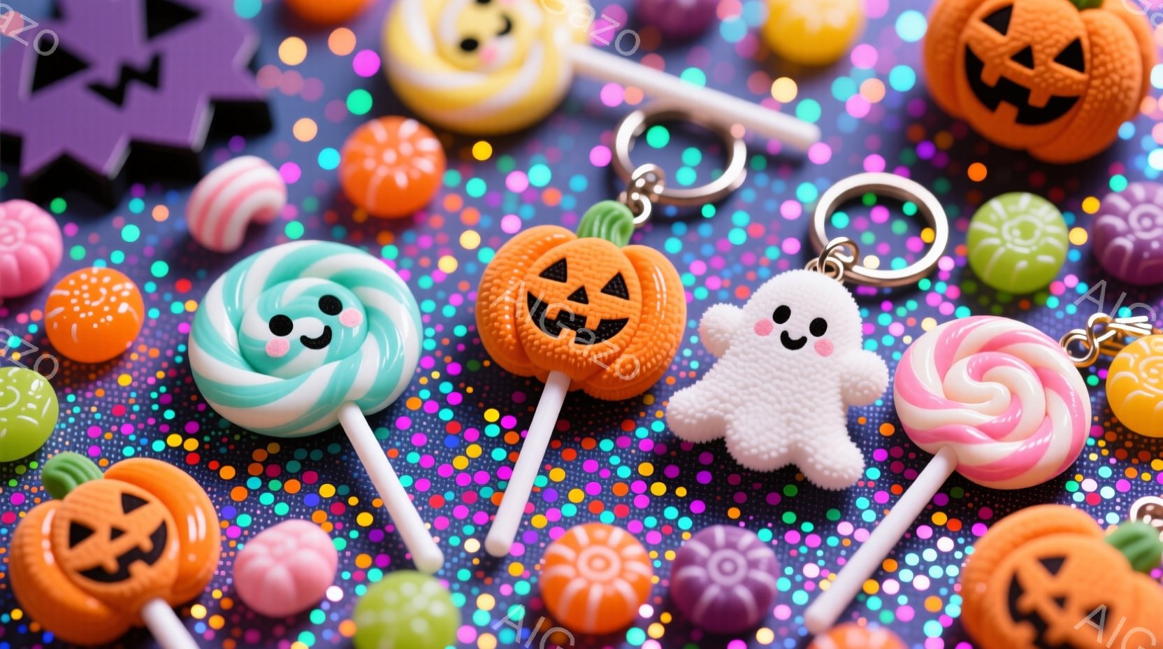 ハロウィーンをテーマにしたキャンディーや飾りのお菓子が散りばめられた画像です。オレンジ、ピンク、水色などのカラフルなキャンディー、カボチャやゴーストの形をしたお菓子が、キラキラとした背景の中に配置され - AI生成フリー素材