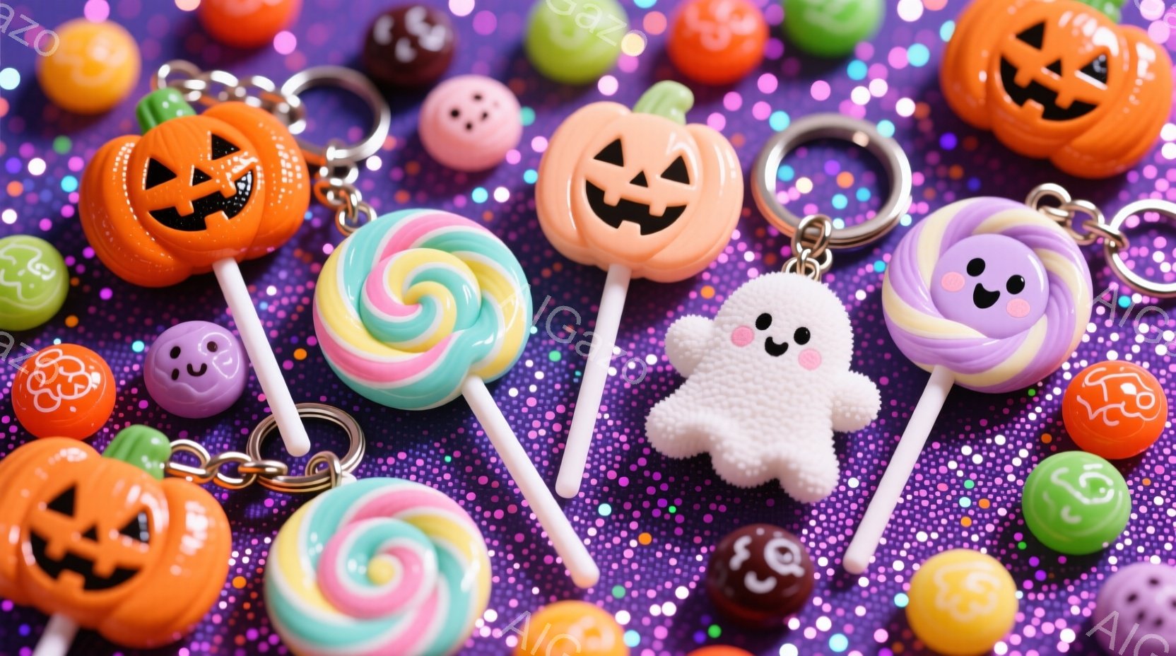 紫色のキラキラした背景に、ハロウィーンをテーマにしたキャンディやキーホルダーが散りばめられています。カボチャの顔をしたキャンディ、スパイラル状のカラフルなキャンディ、可愛らしいお化けのキーホルダーなど - AI生成フリー素材