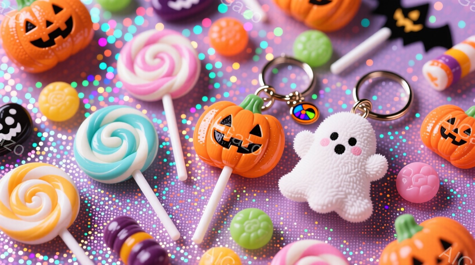 ハロウィーンをテーマにしたキャンディーやキーホルダーが散りばめられた画像です。オレンジ、紫、緑、白などの明るい色調のキャンディーや、カボチャや幽霊の形をしたキーホルダーが、きらびやかな背景の上に置かれています。全体的に、お祭り気分と遊び心に満ちた、華やかで楽しい雰囲気です。