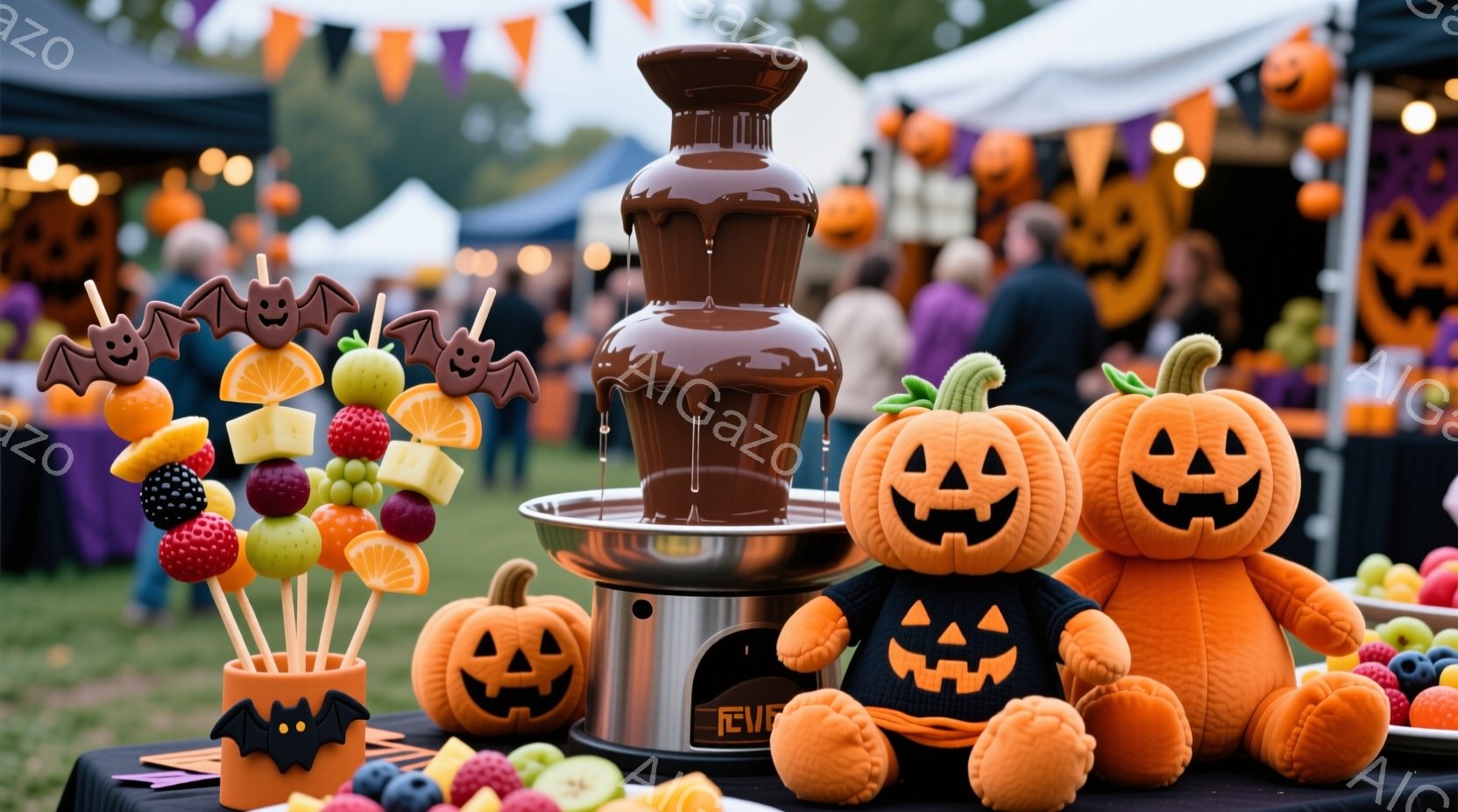 ハロウィーンをテーマにしたフードテーブルが写っています。チョコレートファウンテンを中心に、串に刺されたフルーツや、カボチャのぬいぐるみ、コウモリ型のクッキーなどが飾られています。背景には、ハロウィーン - AI生成フリー素材