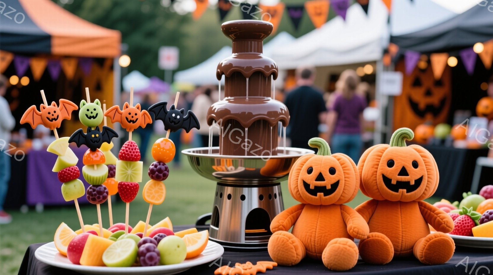 ハロウィーンの装飾が施された屋外イベントで、チョコレートファウンテンを中心にフルーツ串とカボチャのぬいぐるみ２体が並べられています。背景には、ハロウィーンの旗やテントが見え、緑豊かな自然と晴天がイベントを盛り上げています。全体的に、明るく楽しいハロウィーンの雰囲気が伝わってきます。