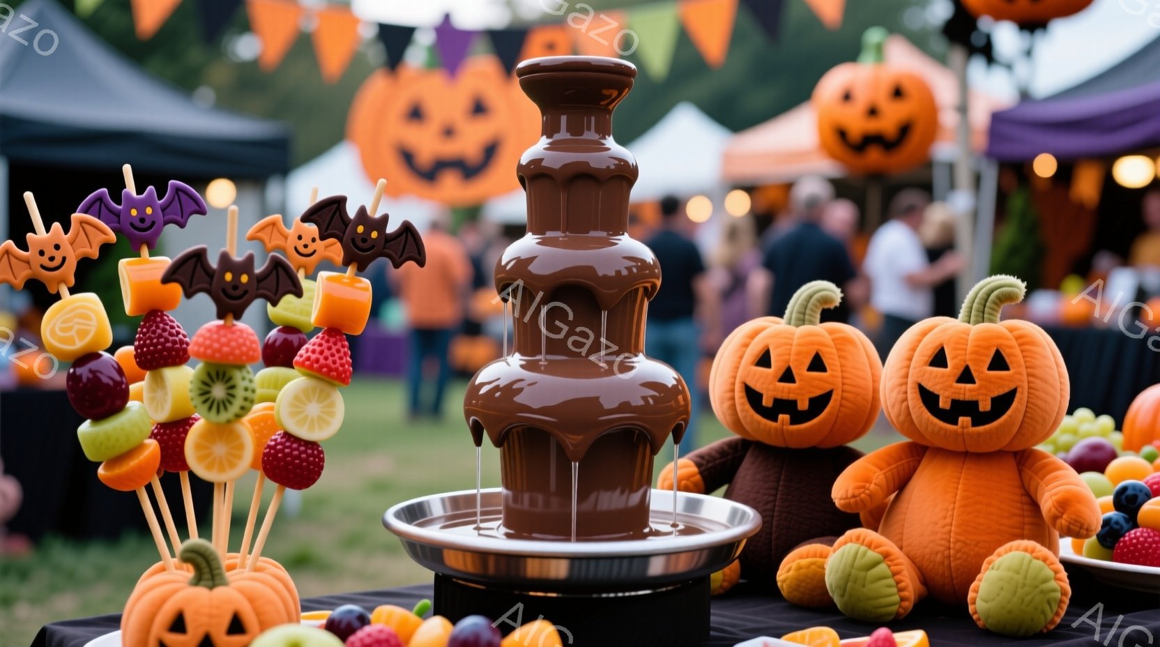ハロウィーンをテーマにしたテーブルの上には、チョコレートファウンテン、フルーツ串、そして愛らしいカボチャのぬいぐるみたちが並んでいる。背景には、カボチャの飾り付けがされた屋台や、楽しそうに談笑する人々 - AI生成フリー素材