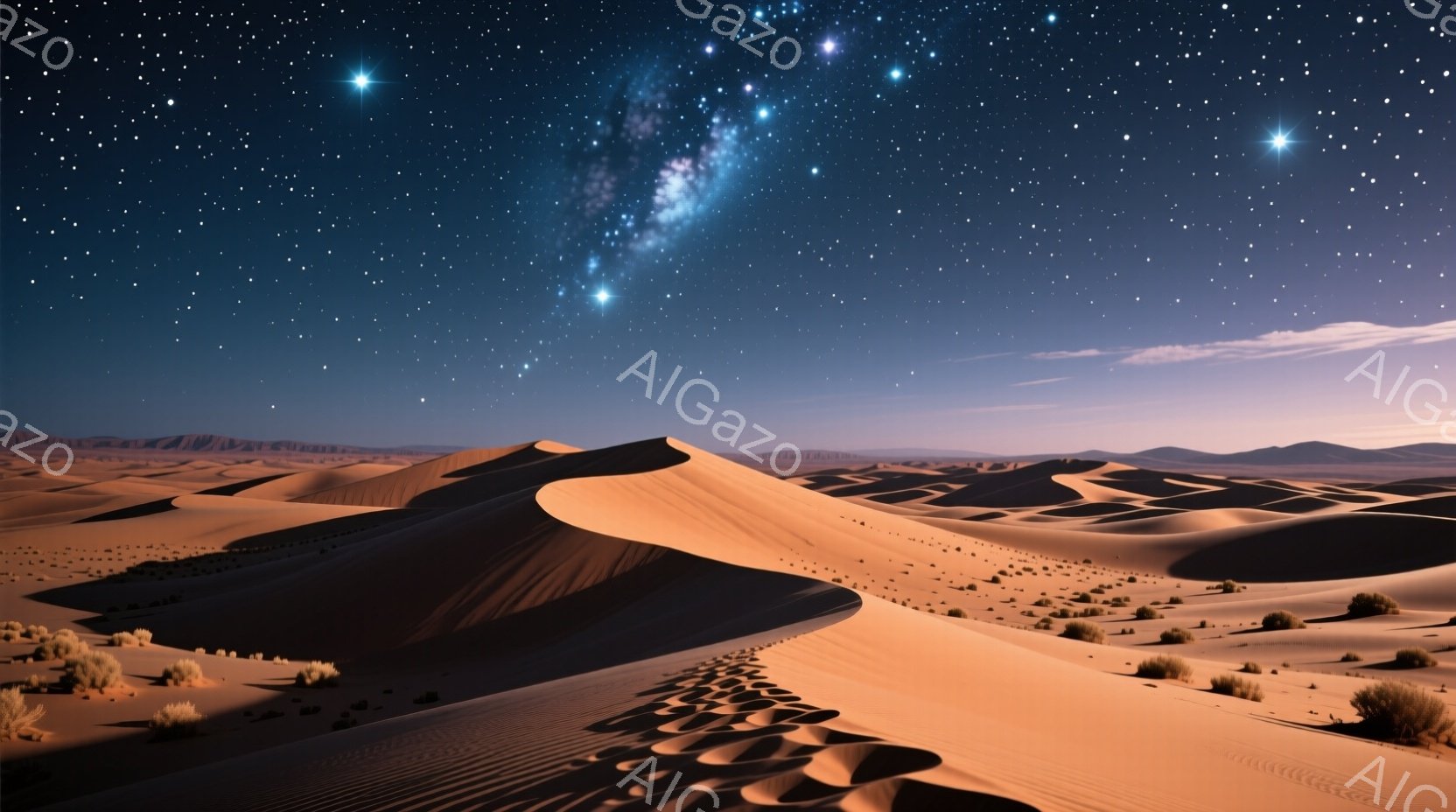 広大な砂漠が夜空の下に広がり、うねる砂丘が月光と星明かりに照らされています。低い地平線にはぼんやりとした山並みが確認でき、空には星屑のような光が輝き、美しい星雲が印象的です。静寂と神秘的な雰囲気が漂い、自然の雄大さを感じさせる光景です。