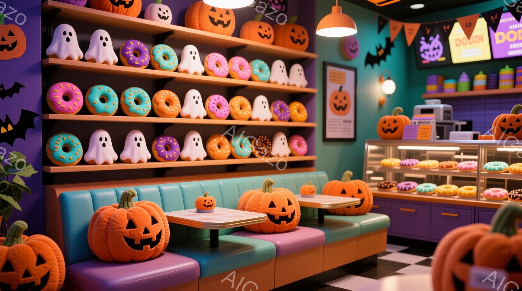 ハロウィーンをテーマにしたドーナツショップの内部です。オレンジ、紫、水色のカラフルな内装で、壁にはドーナツやカボチャの飾りが並んでいます。テーブルと椅子もカボチャの形をしており、全体的に可愛らしく、お祭り気分を盛り上げる雰囲気です。