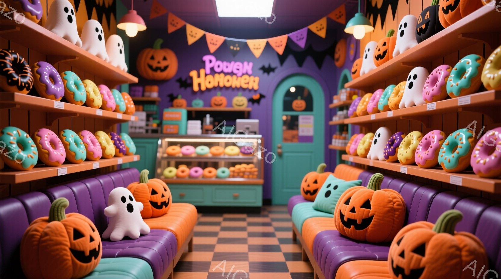 ハロウィーンをテーマにしたドーナツ店の内部です。紫色のブース席には、様々な表情をしたジャック・オー・ランタンのクッションが置かれ、壁にはカラフルなドーナツがずらりと並んでいます。店内の装飾は、お化けや - AI生成フリー素材