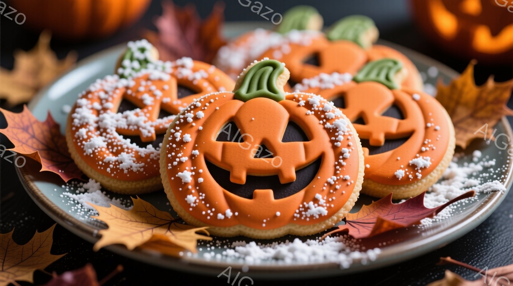 ハロウィーンをテーマにしたクッキーが皿に並べられています。オレンジ色のクッキーはジャック・オ・ランタンの形をしており、黒いアイシングで顔が描かれ、白い粉砂糖で覆われています。背景には、落ち葉と暗い背景 - AI生成フリー素材